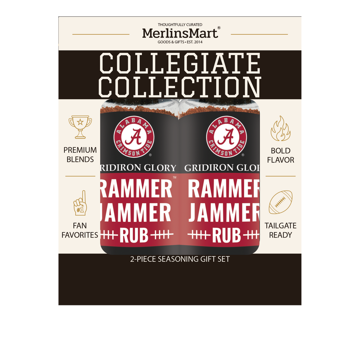 MerlinsMart Rammer Jammer Rub 2-count gift box, Alabama Crimson Tide officially licensed BBQ seasoning