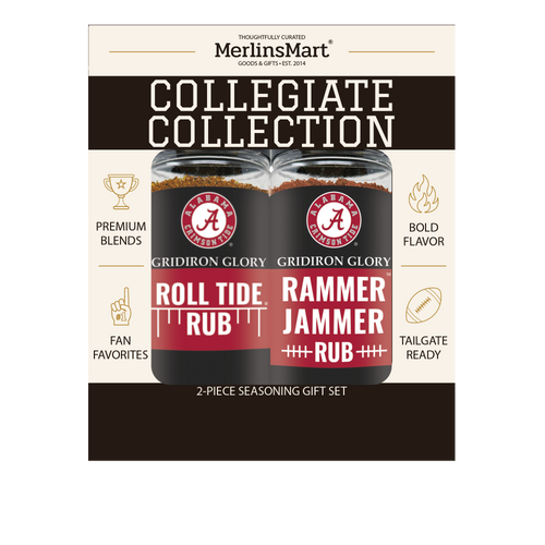 MerlinsMart Crimson Tide Gift Set, Roll Tide Rub and Rammer Jammer Rub, officially licensed 2-flavor BBQ seasoning gift box, net weight shown