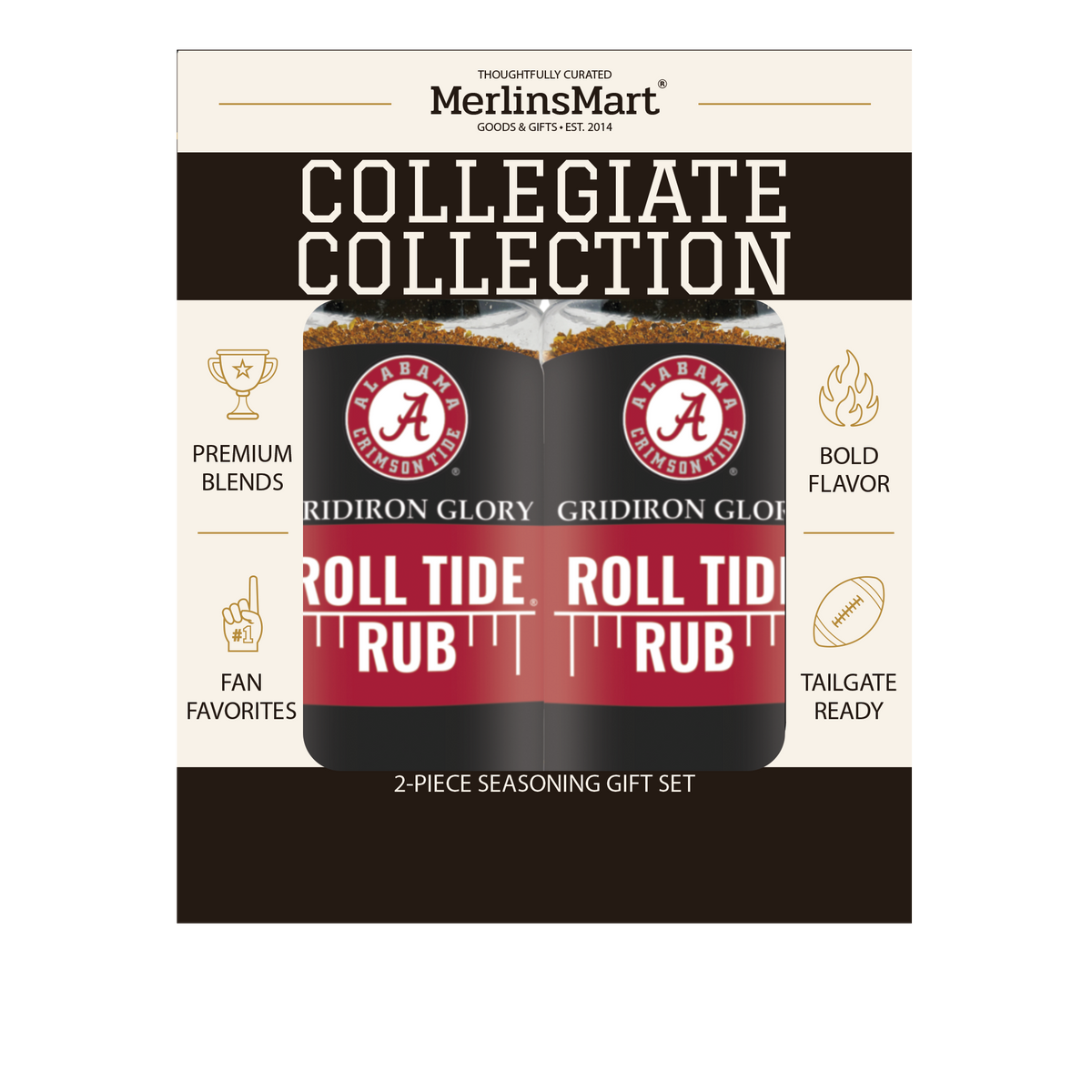 MerlinsMart Roll Tide Rub 2-count gift box, University of Alabama officially licensed BBQ seasoning