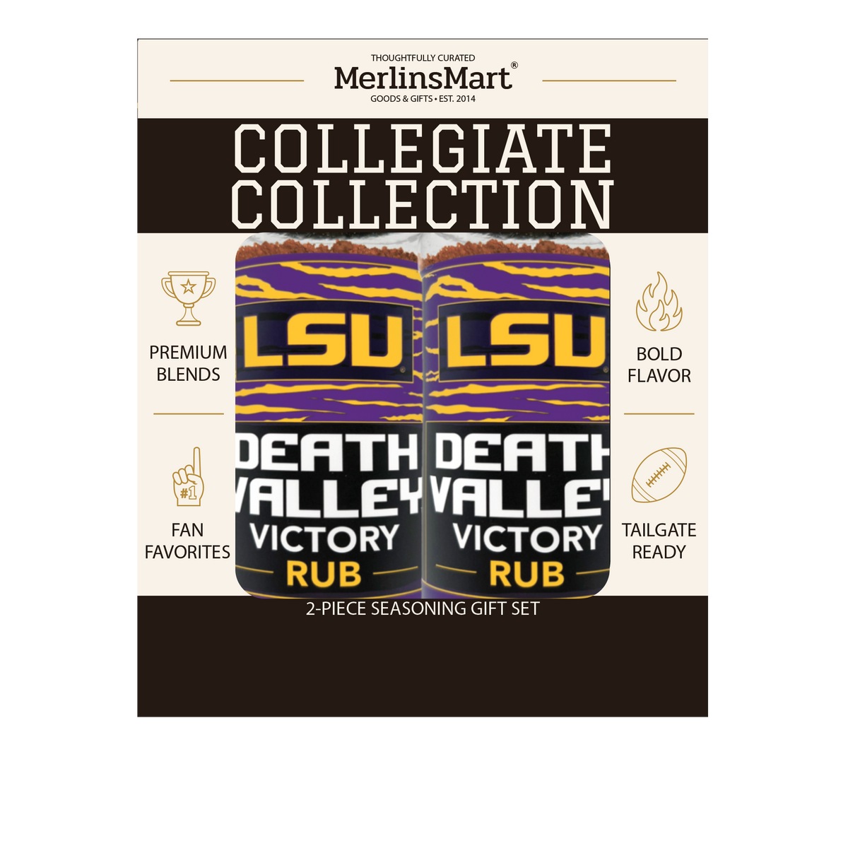 MerlinsMart Death Valley Victory Rub 2-count gift box, LSU officially licensed BBQ seasoning