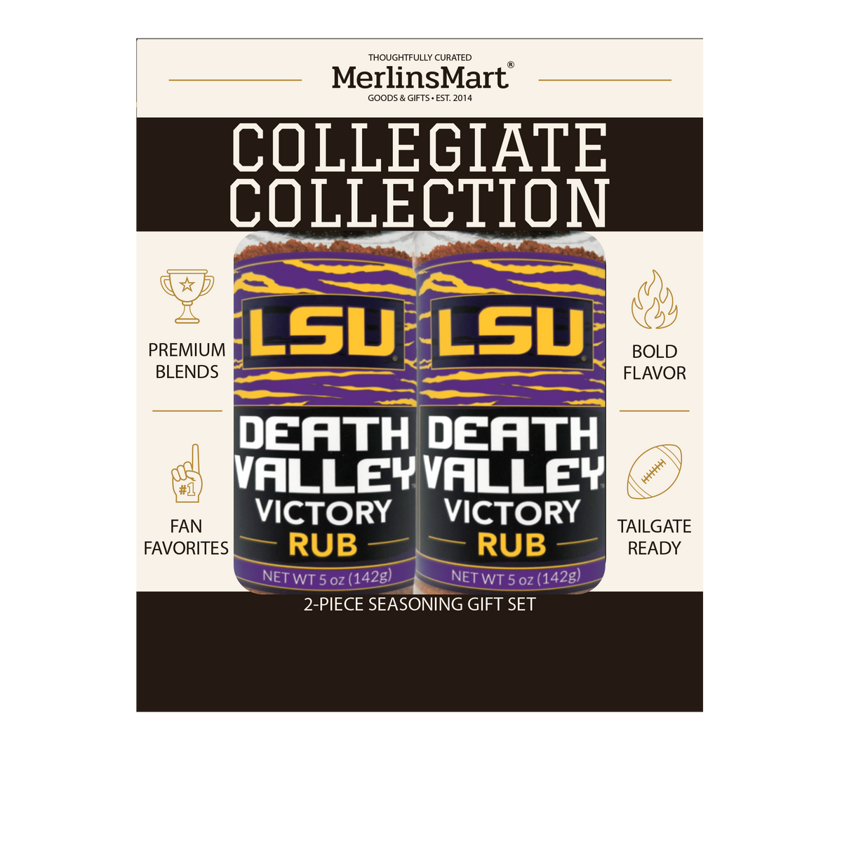 MerlinsMart Death Valley Victory Rub 2-count gift box, LSU officially licensed BBQ seasoning, net weight shown