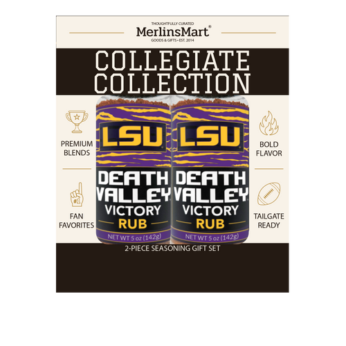 MerlinsMart Death Valley Victory Rub 2-count gift box, LSU officially licensed BBQ seasoning, net weight shown