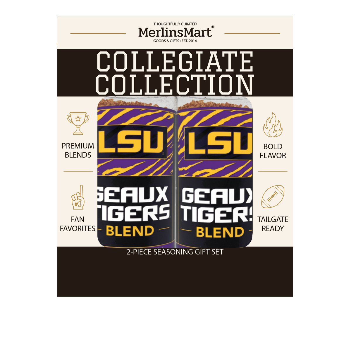 MerlinsMart Geaux Tigers Blend 2-count gift box, LSU officially licensed BBQ seasoning