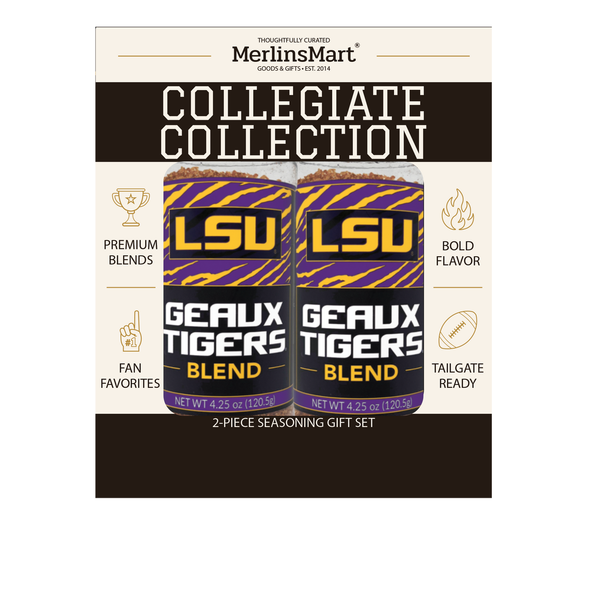 MerlinsMart Geaux Tigers Blend 2-count gift box, LSU officially licensed BBQ seasoning, net weight shown