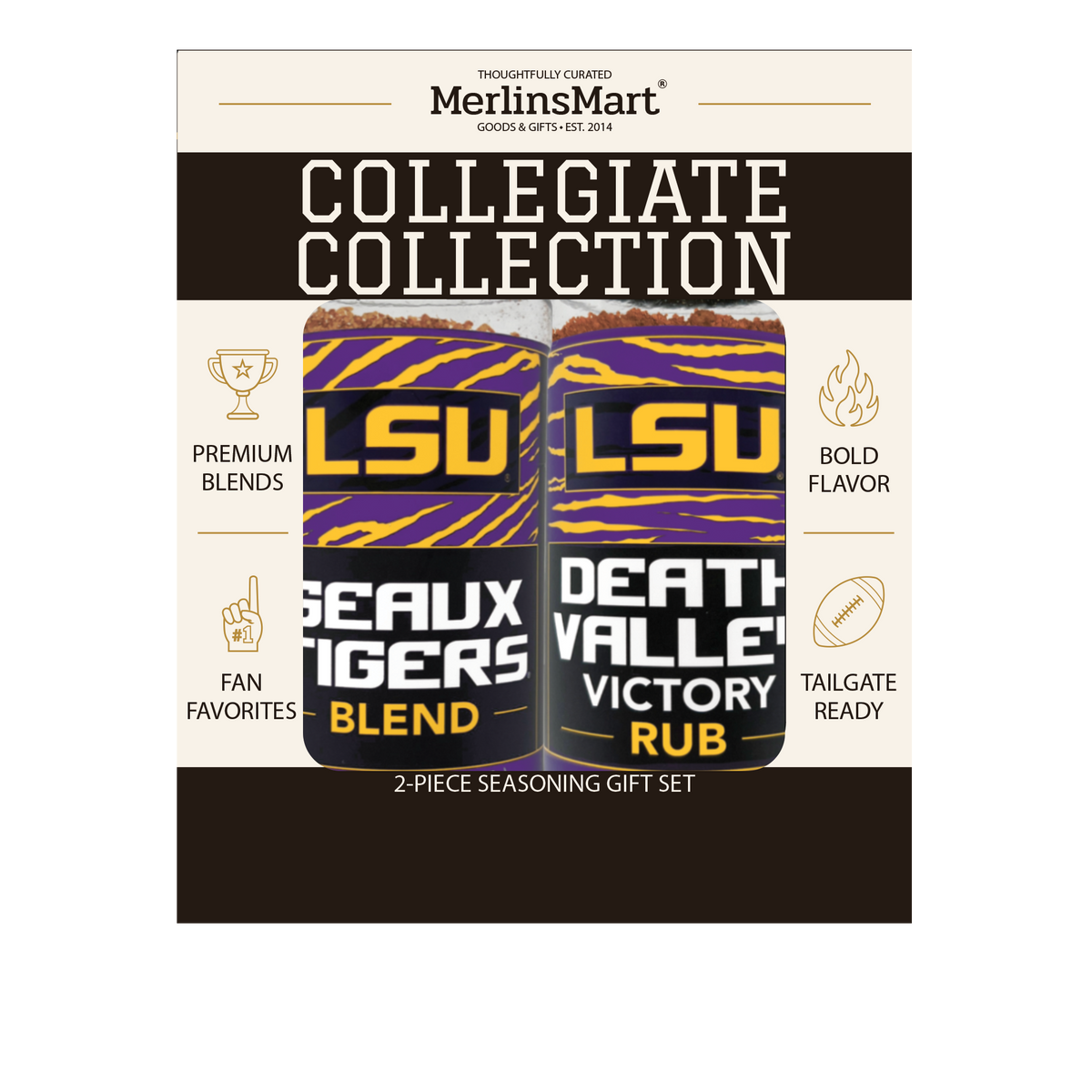 MerlinsMart LSU Gift Set, Geaux Tigers Blend and Death Valley Victory Rub, officially licensed 2-flavor BBQ seasoning gift box