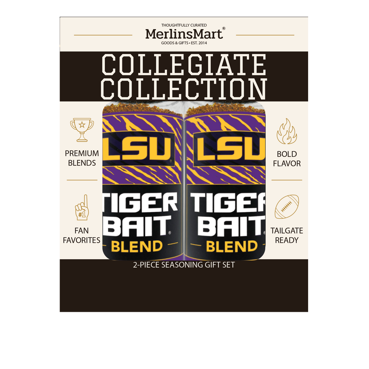MerlinsMart Tiger Bait Blend 2-count gift box, LSU officially licensed BBQ seasoning