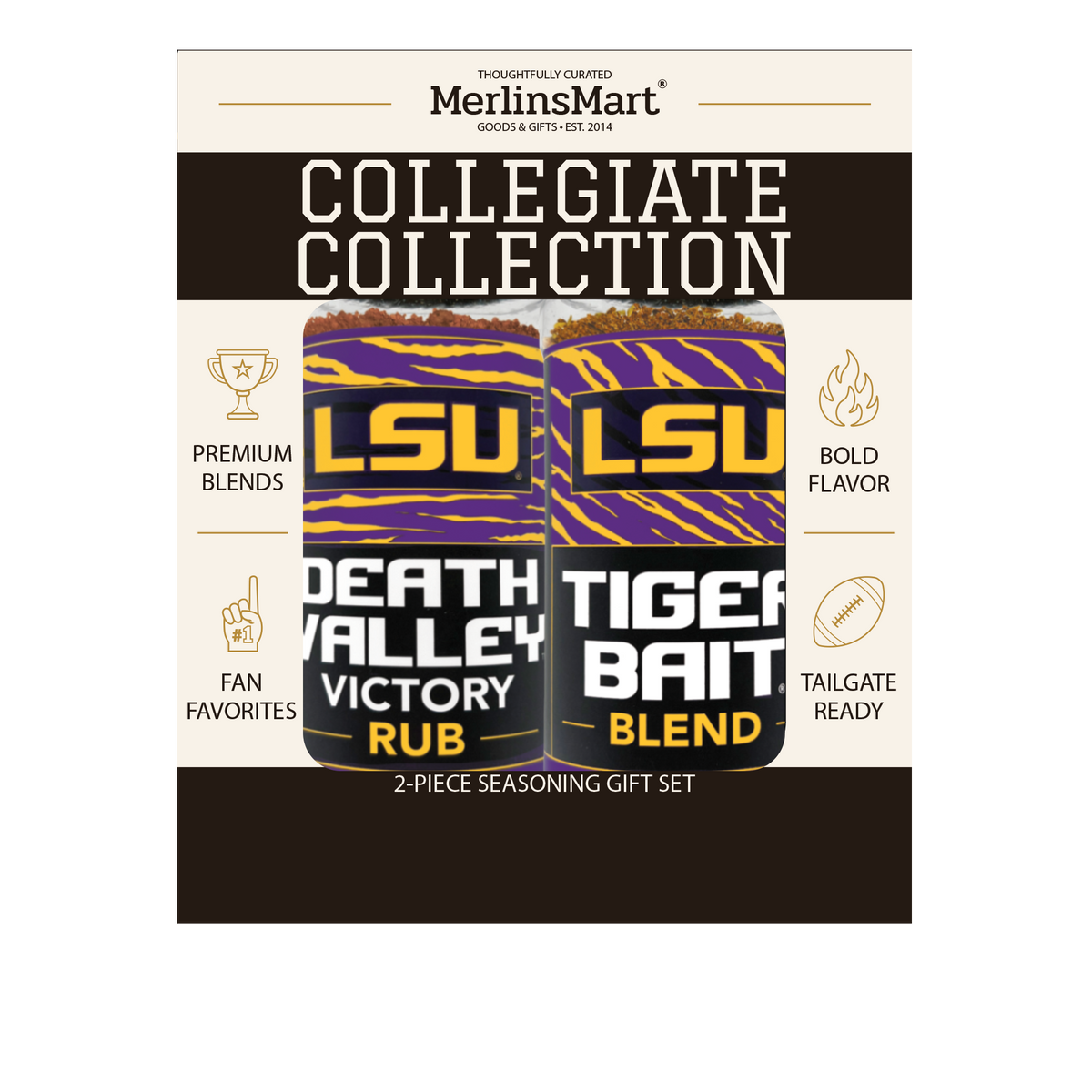 MerlinsMart LSU Gift Set, Death Valley Victory Rub and Tiger Bait Blend, officially licensed 2-flavor BBQ seasoning gift box