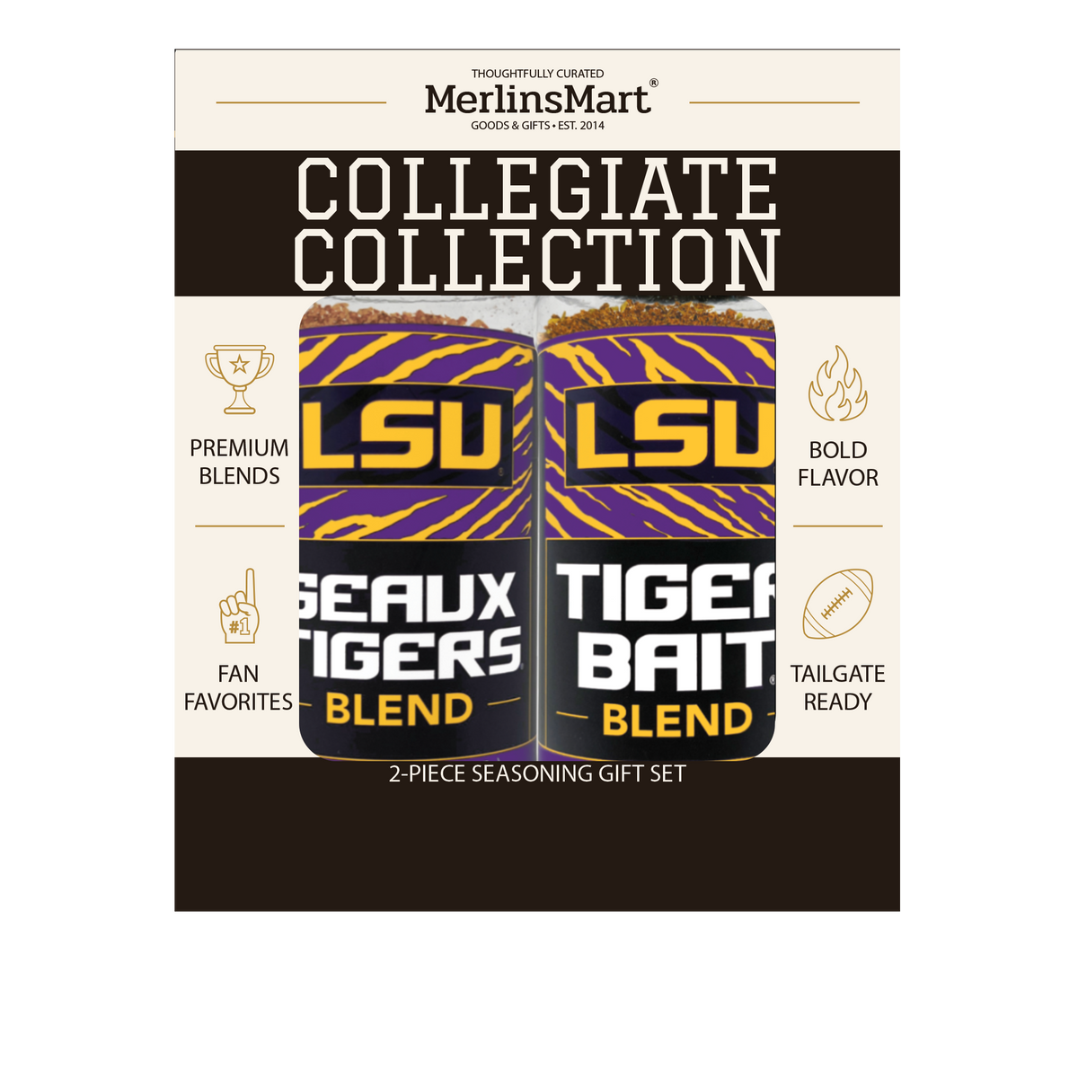 MerlinsMart LSU Gift Set, Geaux Tigers Blend and Tiger Bait Blend, officially licensed 2-flavor BBQ seasoning gift box