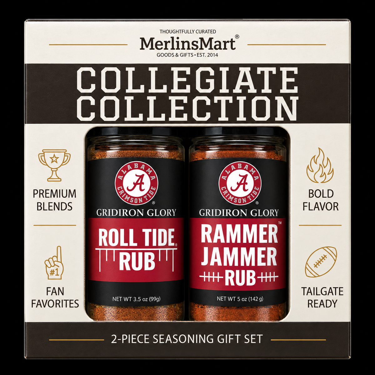 MerlinsMart Crimson Tide Gift Set: Roll Tide Rub and Rammer Jammer Rub, officially licensed 2-flavor BBQ seasoning gift box