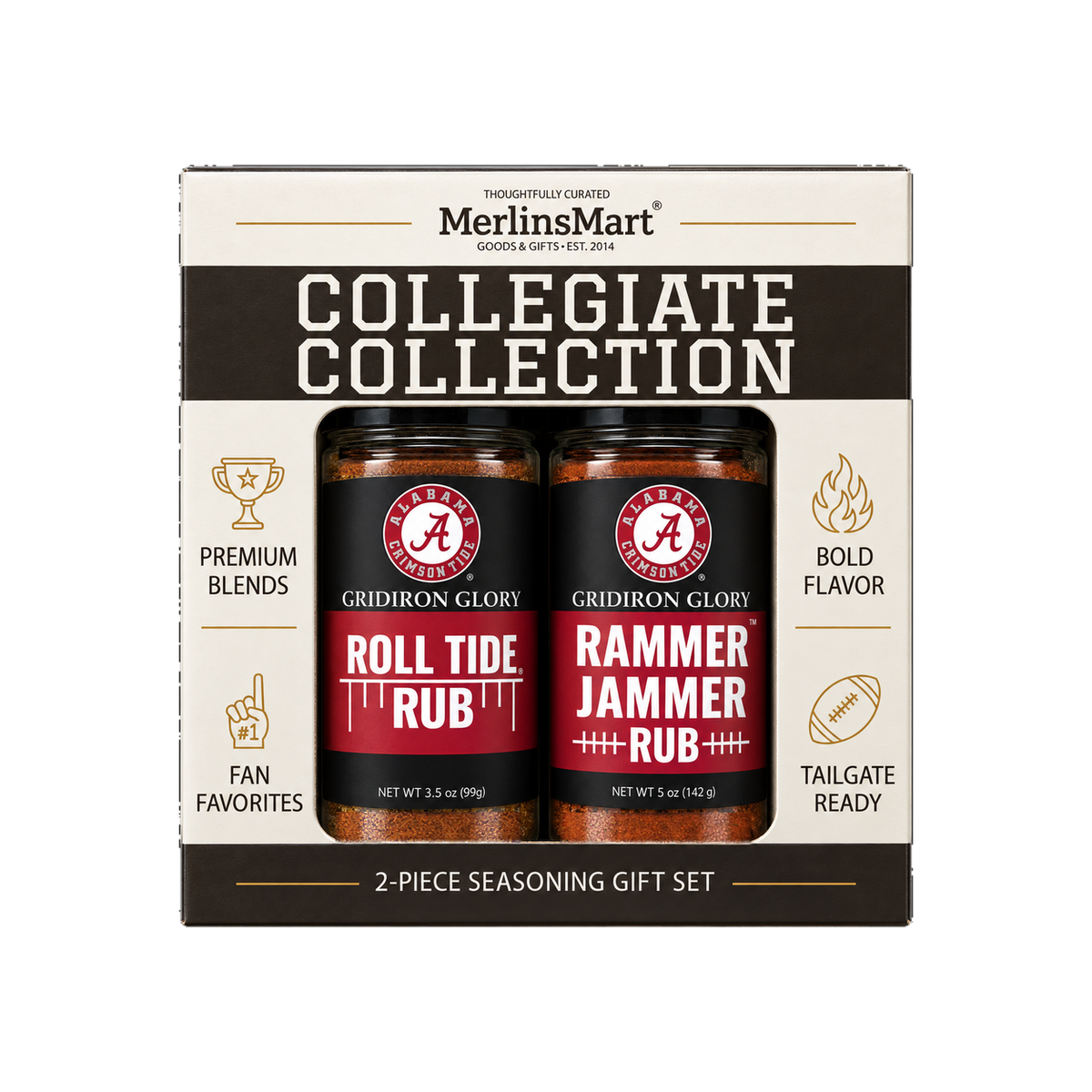 MerlinsMart Crimson Tide Gift Set: Roll Tide Rub and Rammer Jammer Rub, officially licensed 2-flavor BBQ seasoning gift box