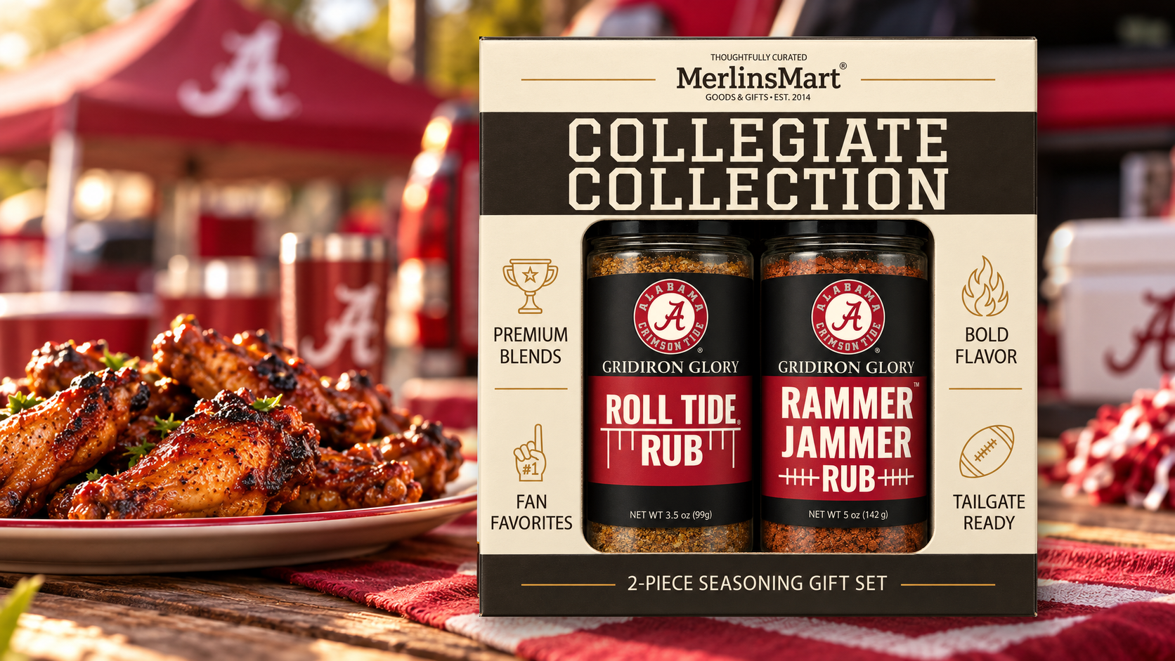 MerlinsMart Alabama 2-flavor BBQ seasoning gift set, Roll Tide Rub and Rammer Jammer Rub, at a tailgate with grilled wings