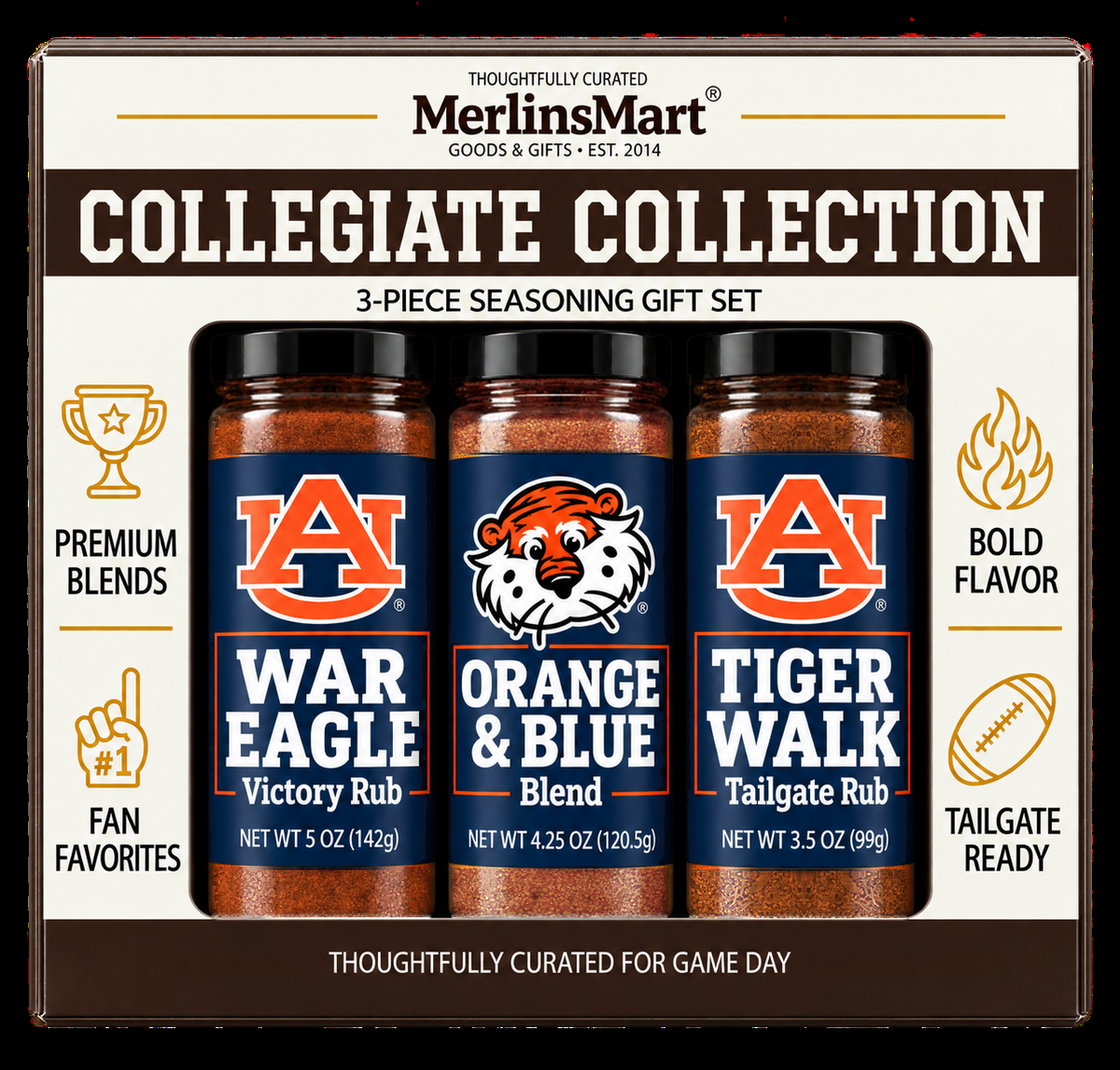MerlinsMart Auburn 3-Flavor Gift Set: Orange & Blue Blend, War Eagle Victory Rub and Tiger Walk Tailgate Rub, officially licensed BBQ seasoning gift box