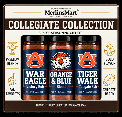MerlinsMart Auburn 3-Flavor Gift Set: Orange & Blue Blend, War Eagle Victory Rub and Tiger Walk Tailgate Rub, officially licensed BBQ seasoning gift box