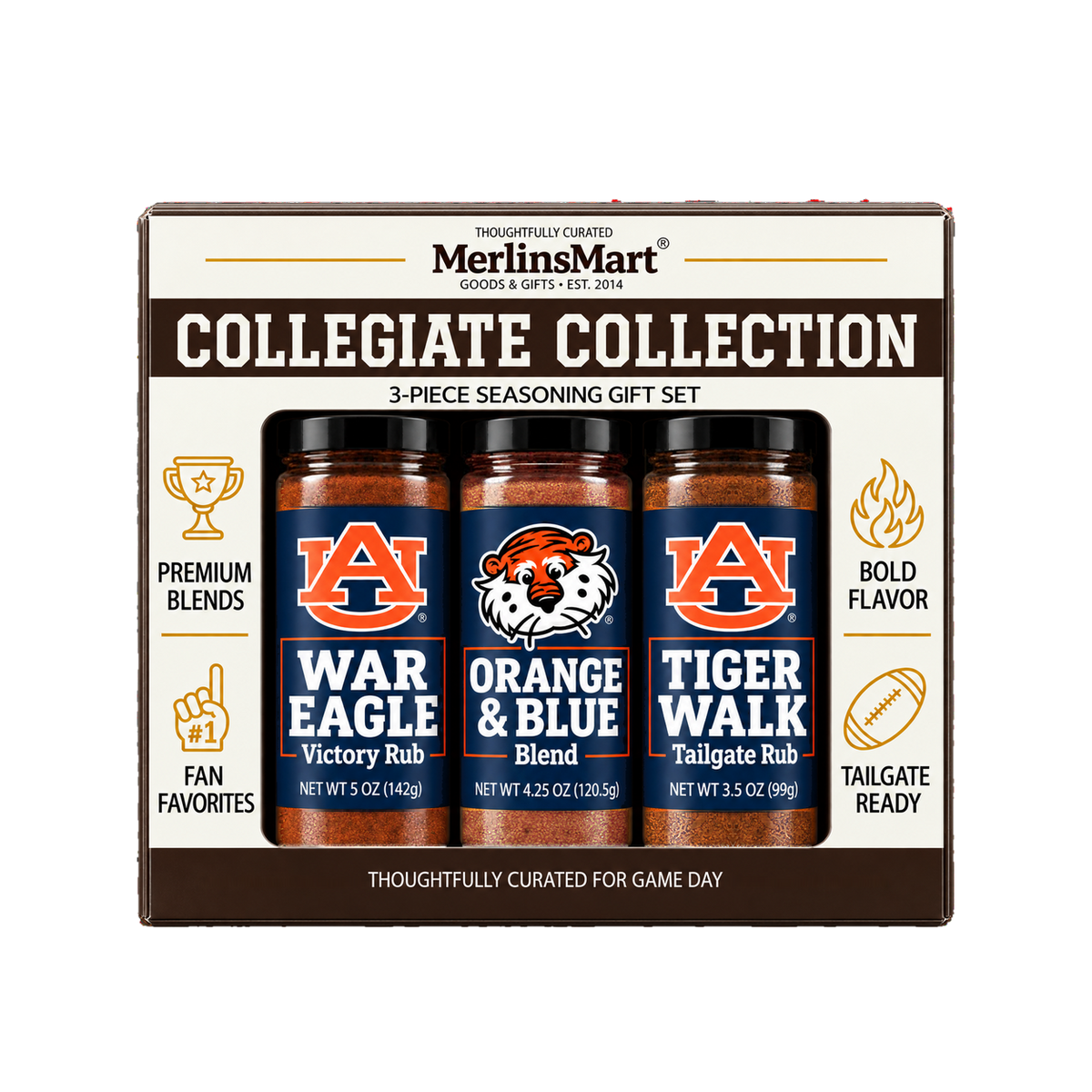 MerlinsMart Auburn 3-Flavor Gift Set: Orange & Blue Blend, War Eagle Victory Rub and Tiger Walk Tailgate Rub, officially licensed BBQ seasoning gift box