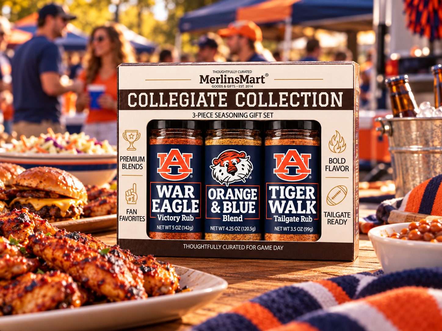 Auburn 3-Flavor Gift Set at a game day tailgate spread