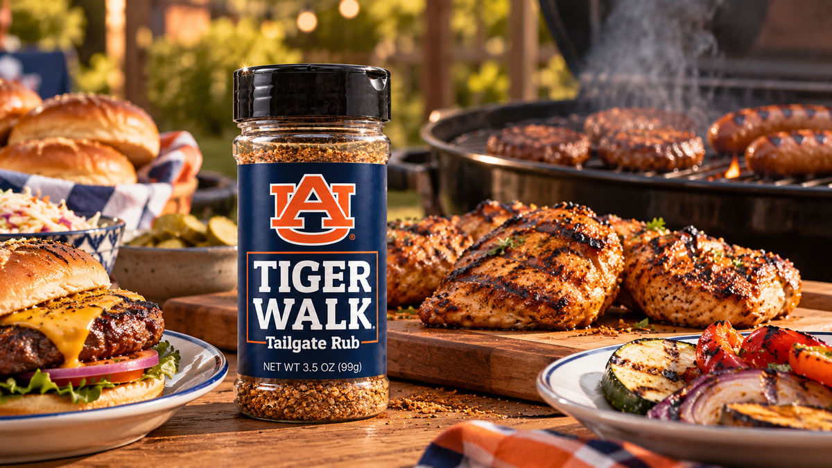 Tiger Walk Tailgate Rub with grilled chicken, burgers and vegetables