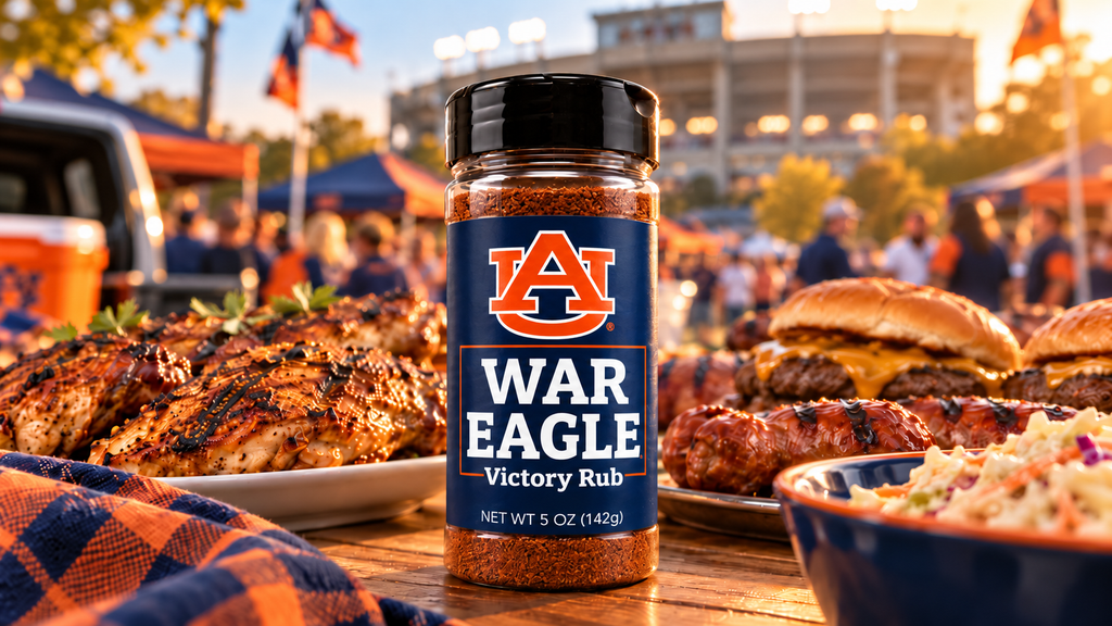 War Eagle Victory Rub with grilled chicken and burgers at an Auburn tailgate