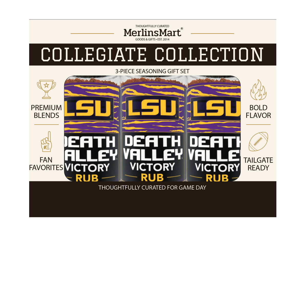 MerlinsMart Death Valley Victory Rub 3-count gift box, LSU officially licensed BBQ seasoning, three jars in packaging