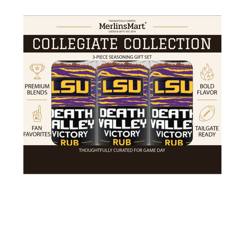 MerlinsMart Death Valley Victory Rub 3-count gift box, LSU officially licensed BBQ seasoning, three jars in packaging