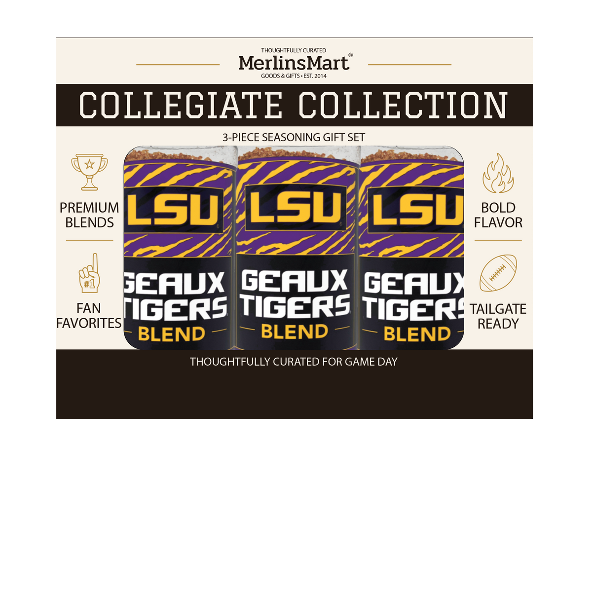 MerlinsMart Geaux Tigers Blend 3-count gift box, LSU officially licensed BBQ seasoning, three jars in packaging