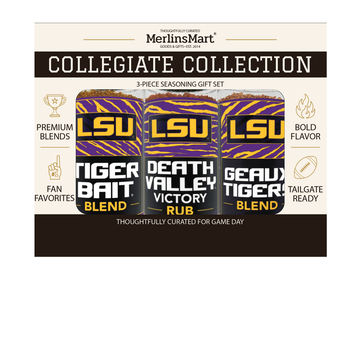 MerlinsMart LSU 3-Flavor Gift Set, officially licensed collegiate BBQ seasoning gift box