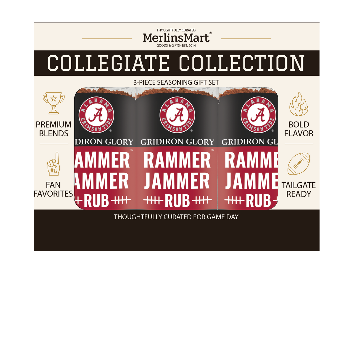MerlinsMart Rammer Jammer Rub 3-count gift box, Alabama Crimson Tide officially licensed BBQ seasoning, three jars in packaging