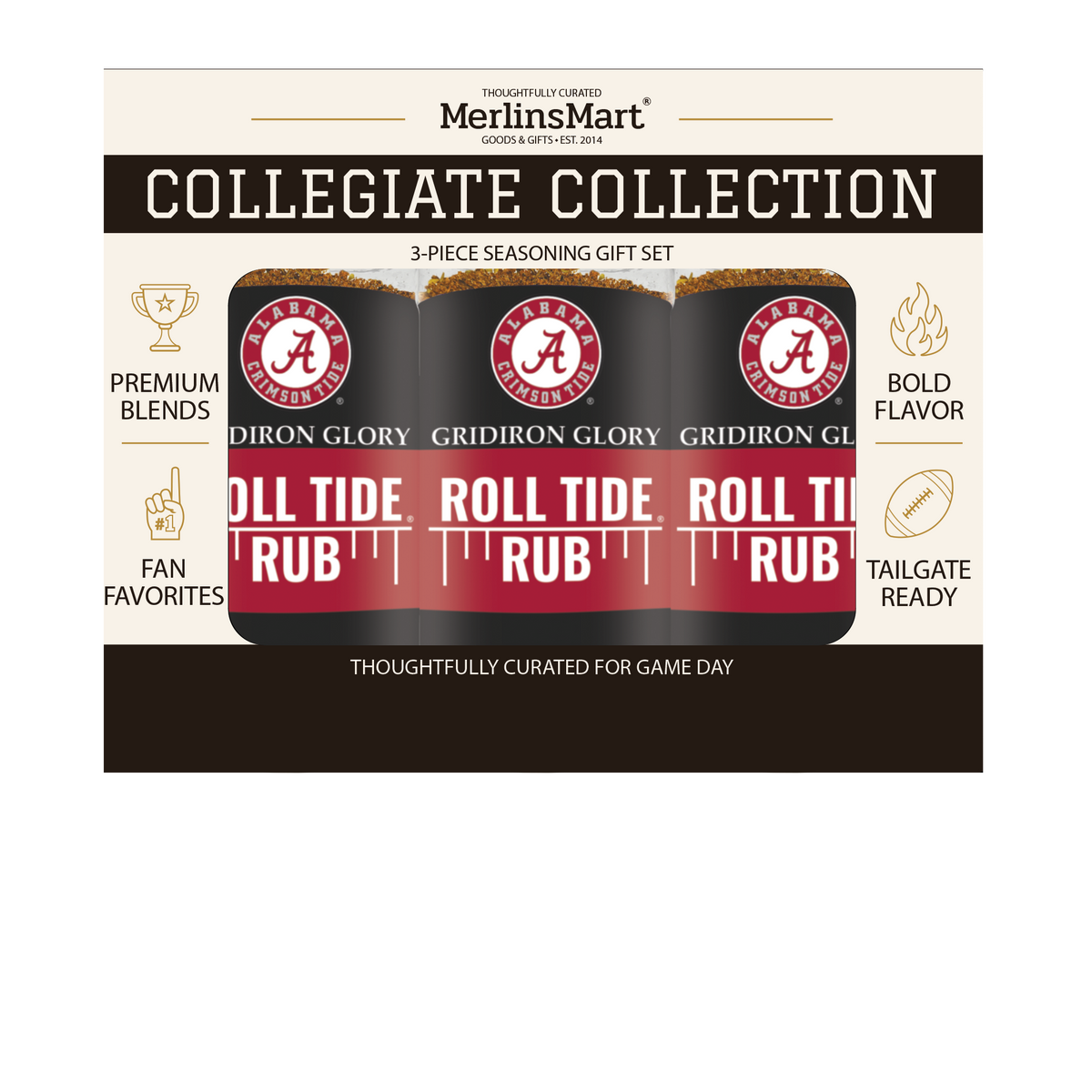 MerlinsMart Roll Tide Rub 3-count gift box, University of Alabama officially licensed BBQ seasoning, three jars in packaging