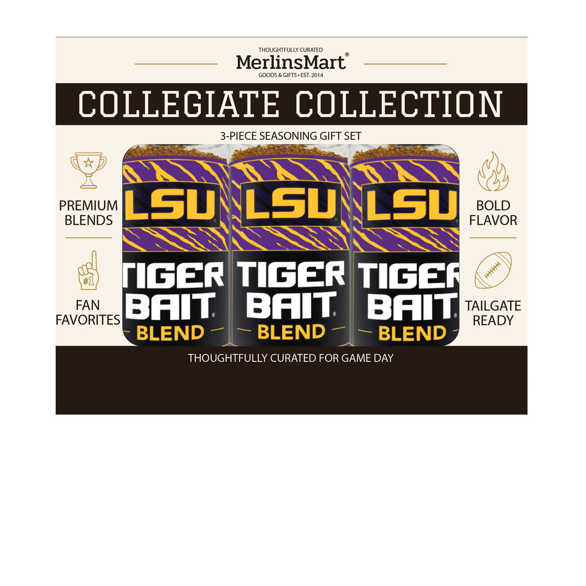 MerlinsMart Tiger Bait Blend 3-count gift box, LSU officially licensed BBQ seasoning, three jars in packaging