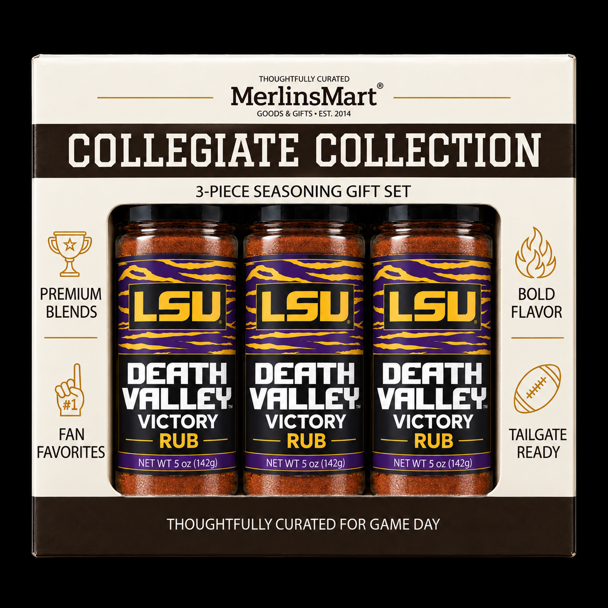 MerlinsMart Death Valley Victory Rub 3-count gift box, LSU officially licensed BBQ seasoning