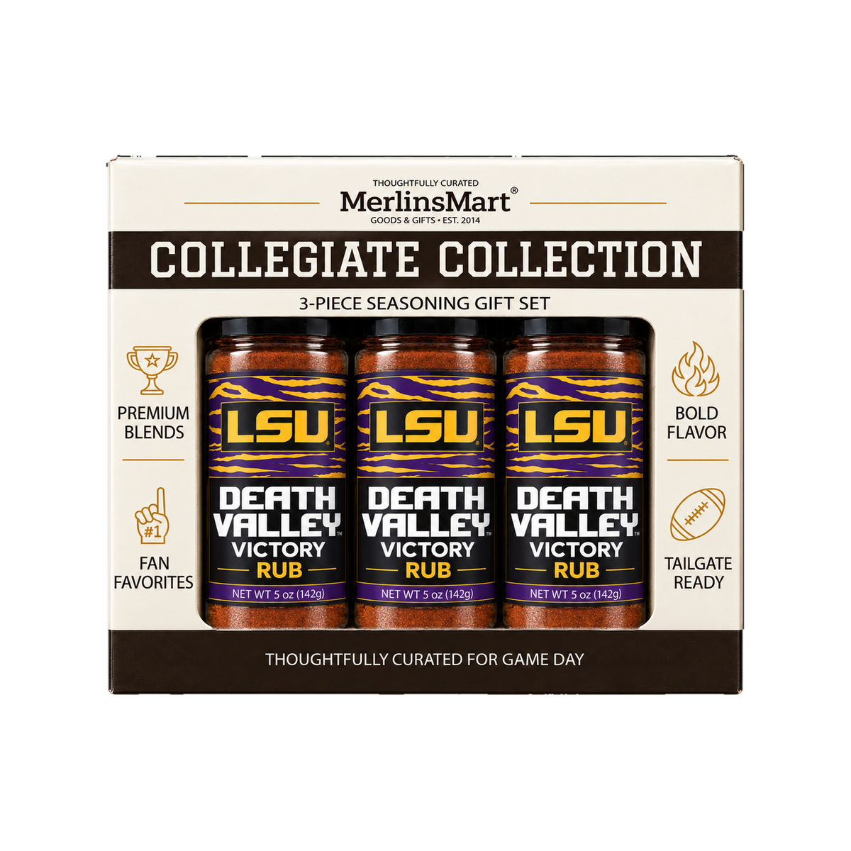 MerlinsMart Death Valley Victory Rub 3-count gift box, LSU officially licensed BBQ seasoning