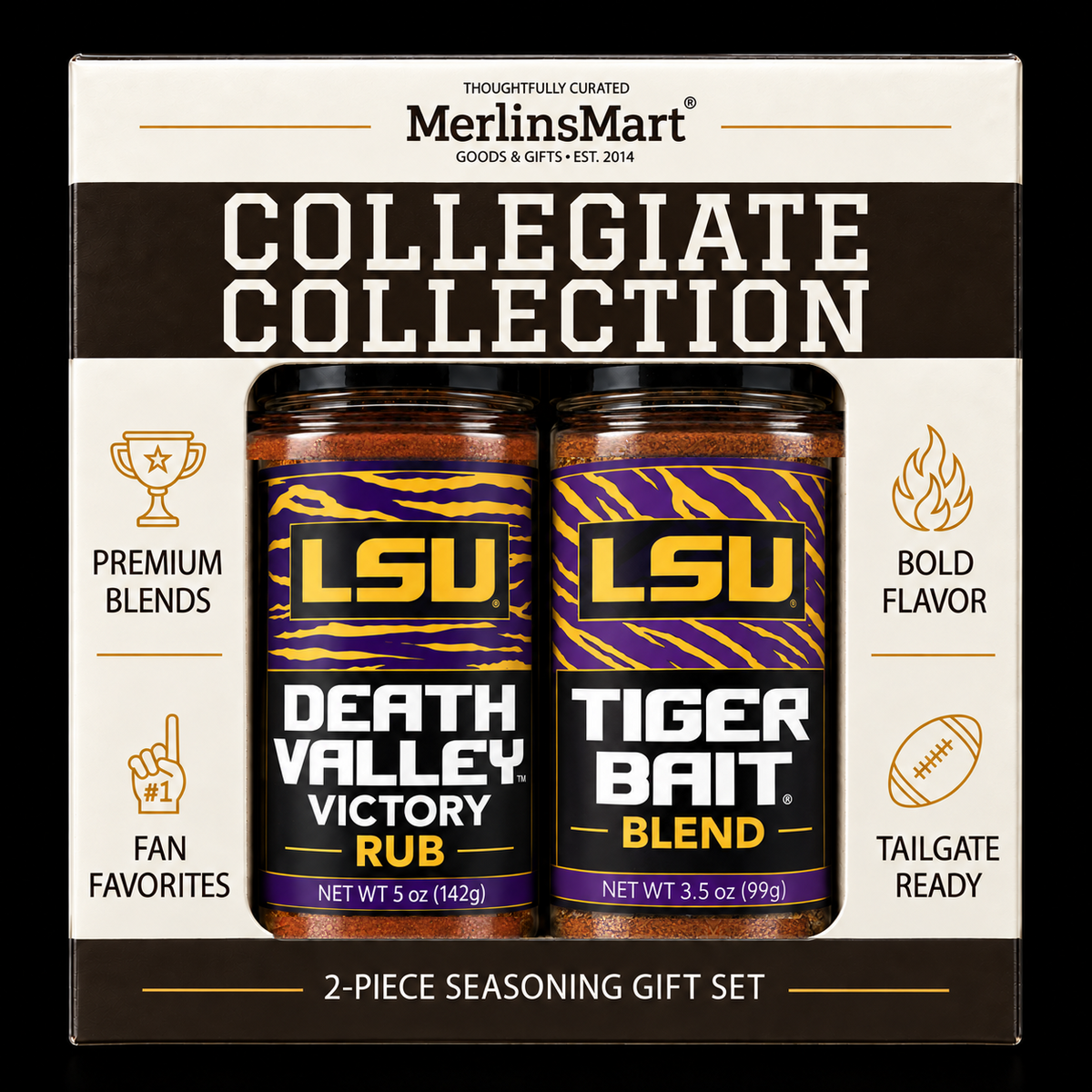 MerlinsMart LSU Gift Set: Death Valley Victory Rub and Tiger Bait Blend, officially licensed 2-flavor BBQ seasoning gift box