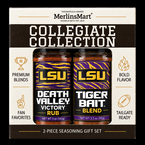 MerlinsMart LSU Gift Set: Death Valley Victory Rub and Tiger Bait Blend, officially licensed 2-flavor BBQ seasoning gift box