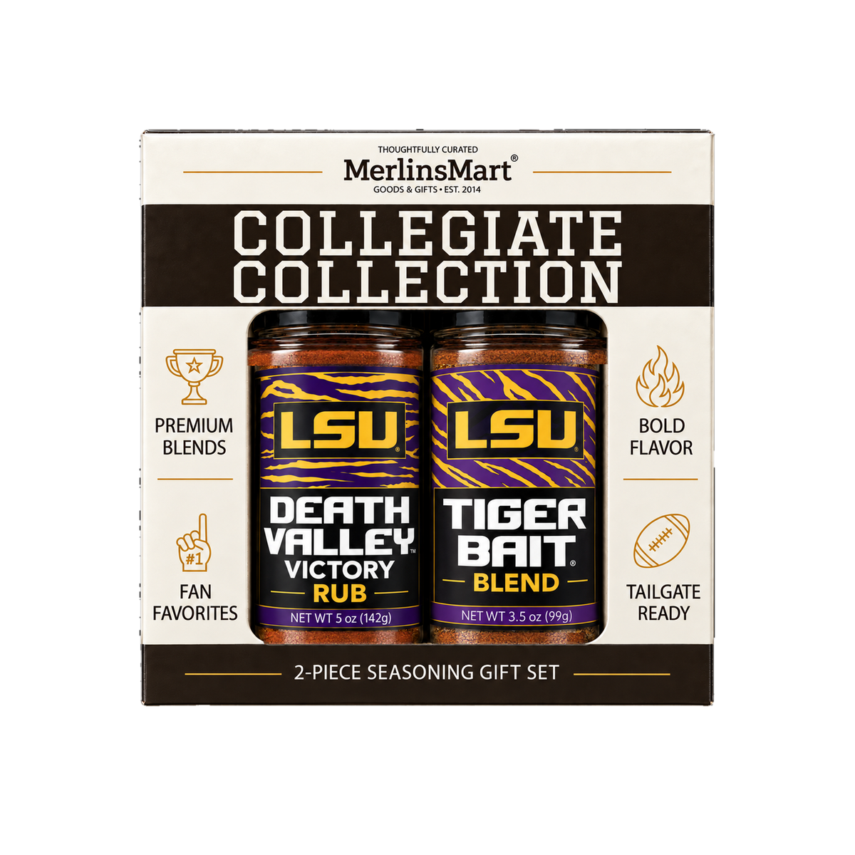 MerlinsMart LSU Gift Set: Death Valley Victory Rub and Tiger Bait Blend, officially licensed 2-flavor BBQ seasoning gift box