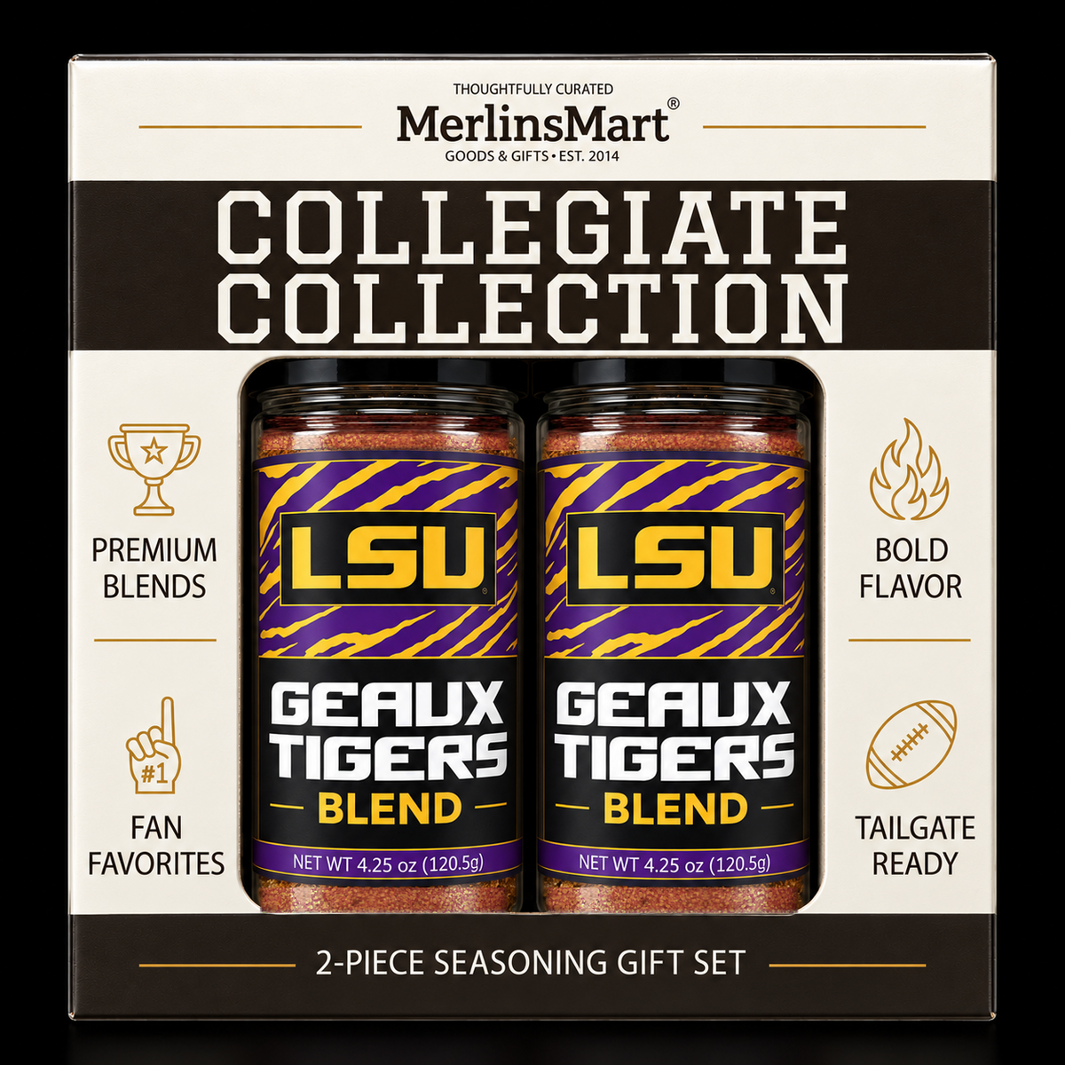 MerlinsMart Geaux Tigers Blend 2-count gift box, LSU officially licensed BBQ seasoning