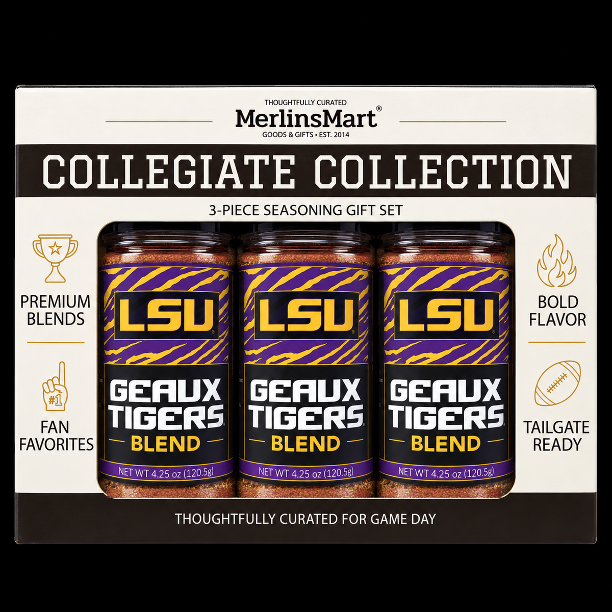 MerlinsMart Geaux Tigers Blend 3-count gift box, LSU officially licensed BBQ seasoning