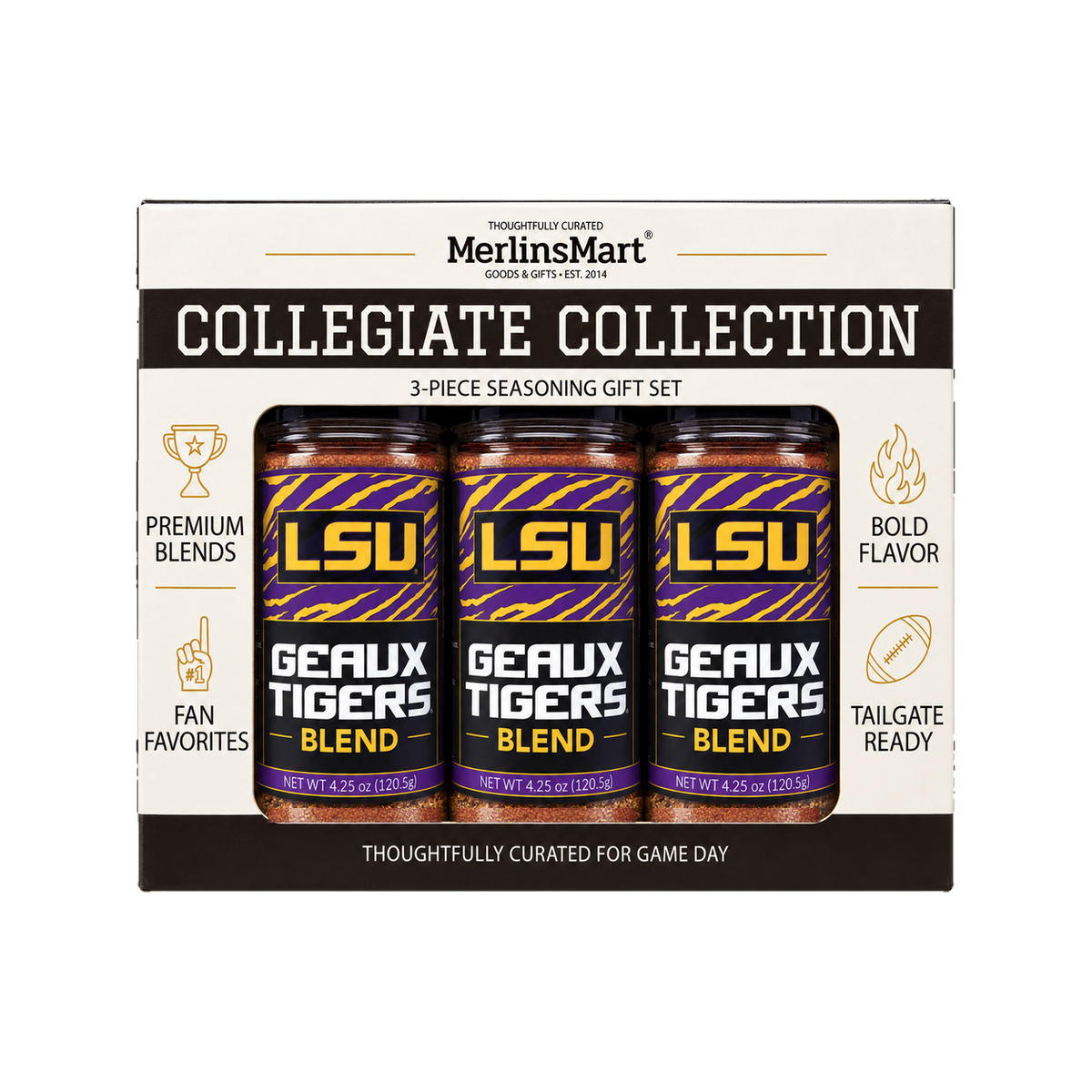 MerlinsMart Geaux Tigers Blend 3-count gift box, LSU officially licensed BBQ seasoning