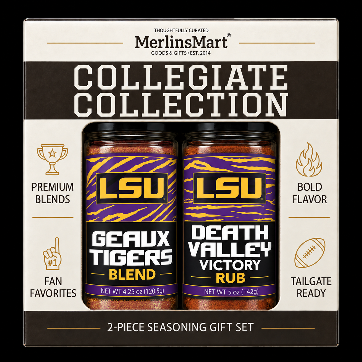 MerlinsMart LSU Gift Set: Geaux Tigers Blend and Death Valley Victory Rub, officially licensed 2-flavor BBQ seasoning gift box