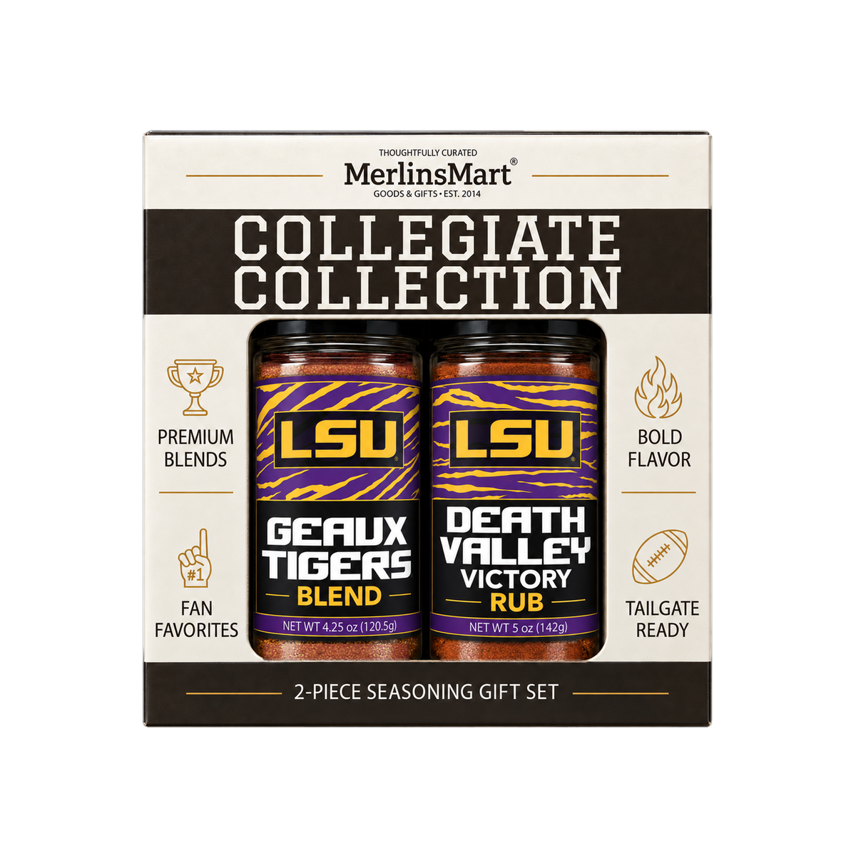 MerlinsMart LSU Gift Set: Geaux Tigers Blend and Death Valley Victory Rub, officially licensed 2-flavor BBQ seasoning gift box