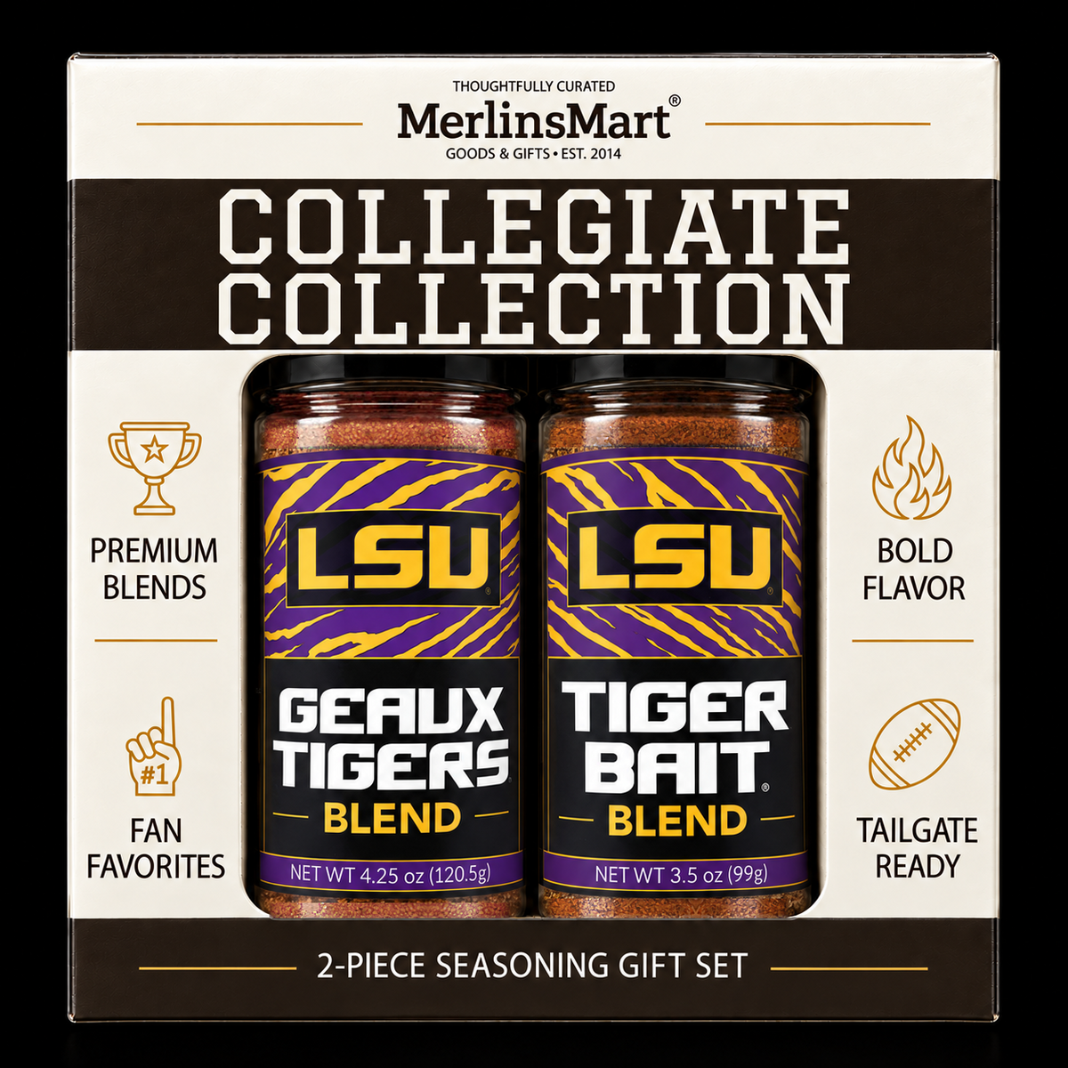 MerlinsMart LSU Gift Set: Geaux Tigers Blend and Tiger Bait Blend, officially licensed 2-flavor BBQ seasoning gift box