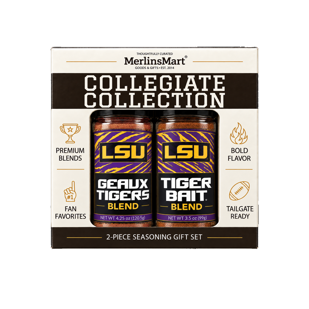 MerlinsMart LSU Gift Set: Geaux Tigers Blend and Tiger Bait Blend, officially licensed 2-flavor BBQ seasoning gift box