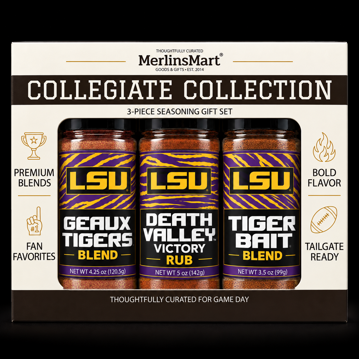 MerlinsMart LSU 3-Flavor Gift Set: Geaux Tigers Blend, Death Valley Victory Rub and Tiger Bait Blend, officially licensed BBQ seasoning gift box
