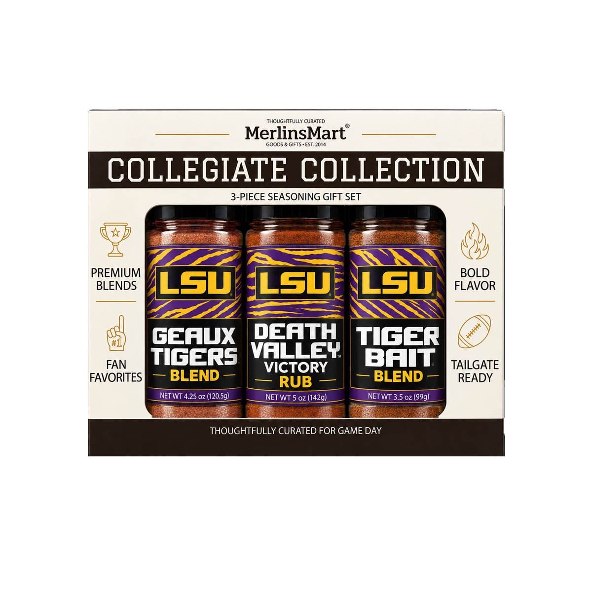 MerlinsMart LSU 3-Flavor Gift Set: Geaux Tigers Blend, Death Valley Victory Rub and Tiger Bait Blend, officially licensed BBQ seasoning gift box