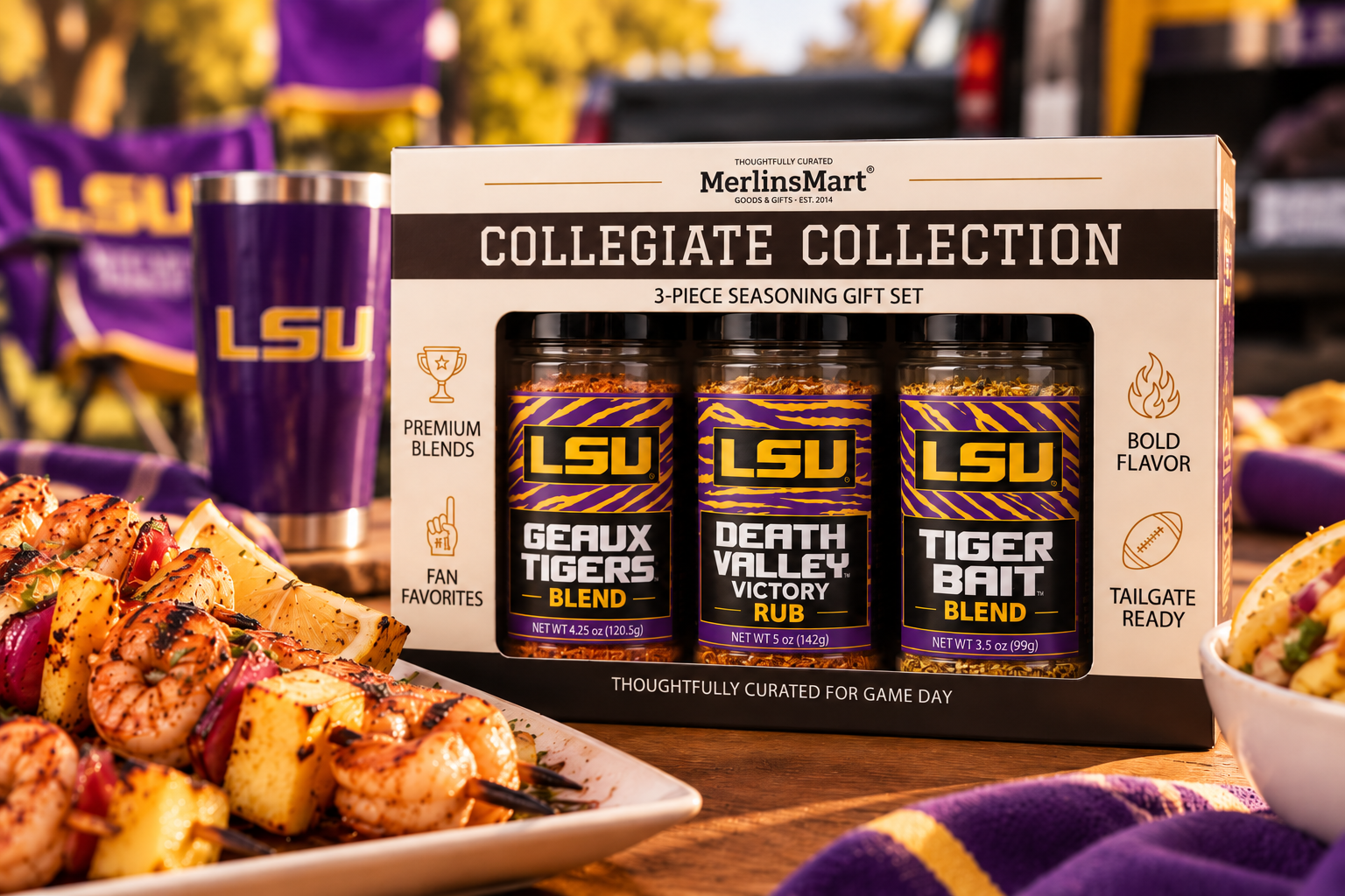 MerlinsMart LSU 3-flavor BBQ seasoning gift set at a game day tailgate with grilled shrimp skewers