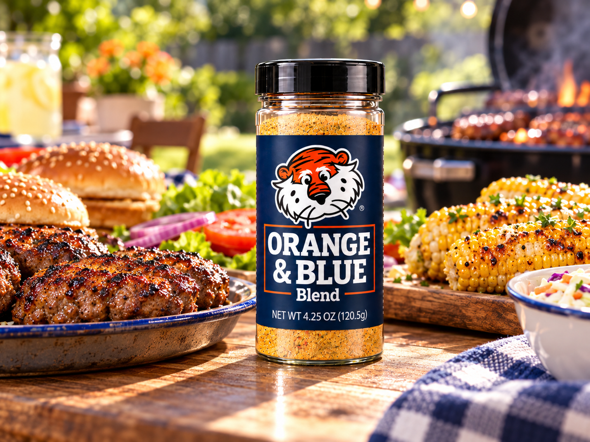 Orange and Blue Blend with grilled chicken, burgers and corn at a backyard barbecue
