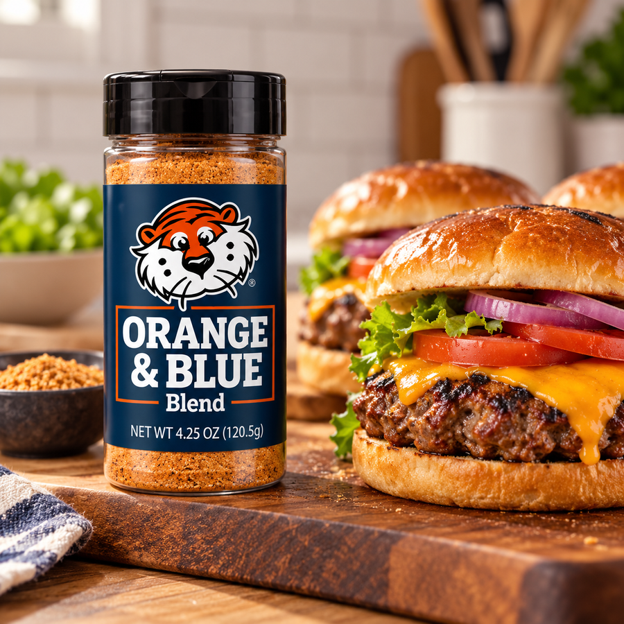 Orange & Blue Blend jar beside a grilled cheeseburger