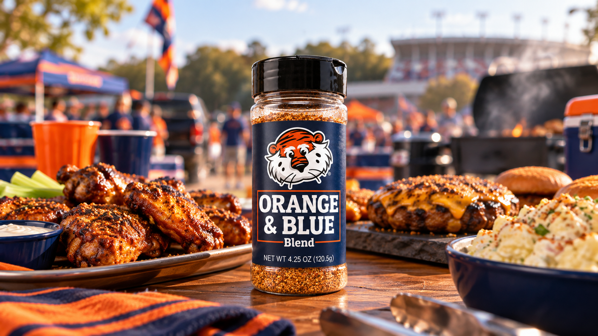 Orange and Blue Blend with grilled chicken at an Auburn tailgate