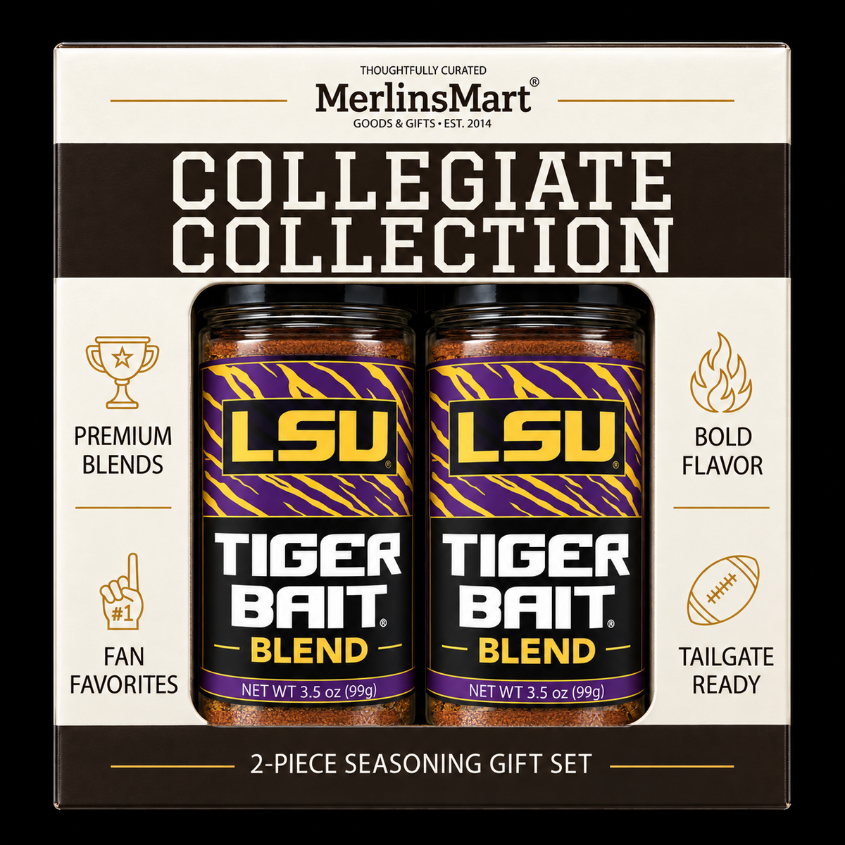 MerlinsMart Tiger Bait Blend 2-count gift box, LSU officially licensed BBQ seasoning