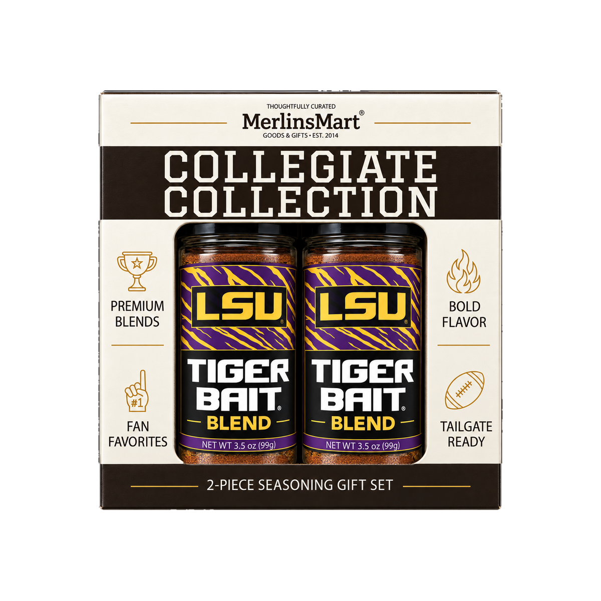 MerlinsMart Tiger Bait Blend 2-count gift box, LSU officially licensed BBQ seasoning