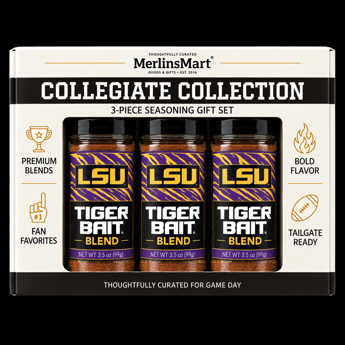 MerlinsMart Tiger Bait Blend 3-count gift box, LSU officially licensed BBQ seasoning