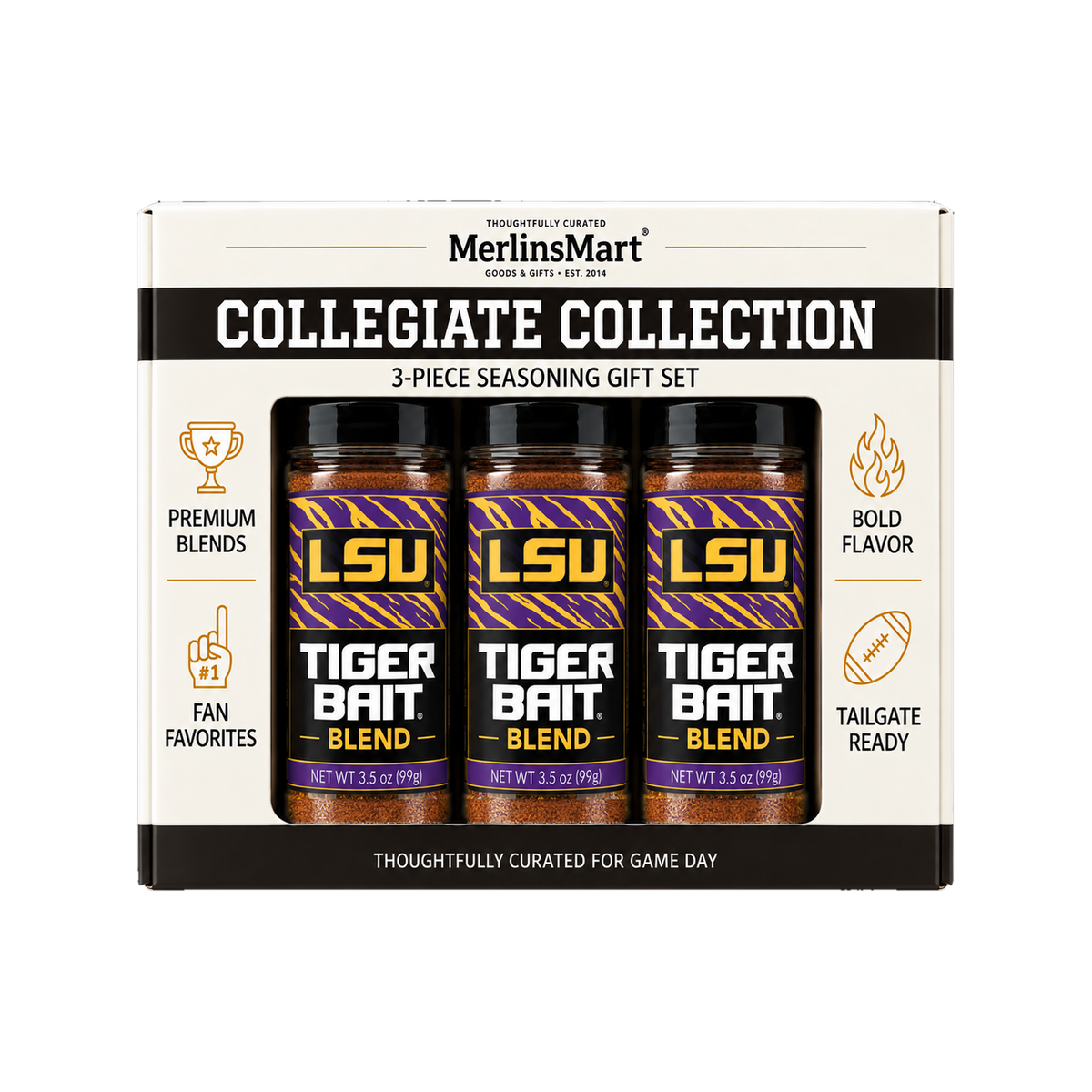 MerlinsMart Tiger Bait Blend 3-count gift box, LSU officially licensed BBQ seasoning
